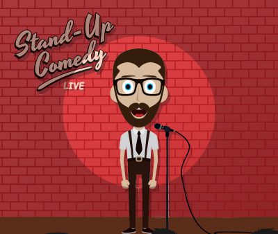 Cartoon drawing of a man performing stand up comedy