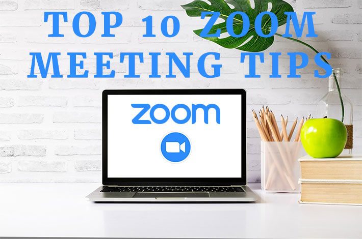 Computer with Top 10 Zoom Meeting Tips written on it and showing the Zoom Online Business Meeting Logo