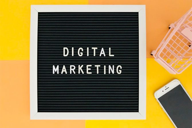 Digital marketing board on yellow and coral background